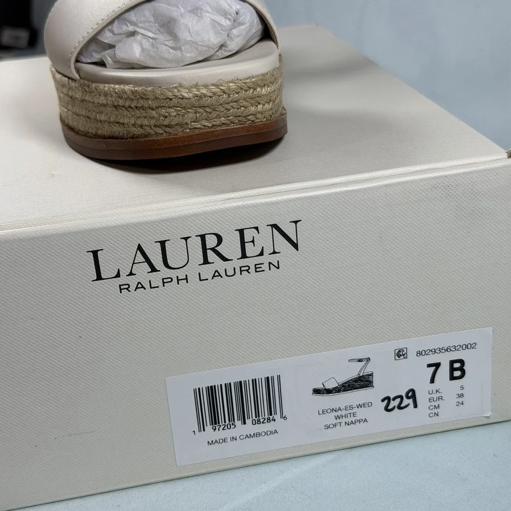 Lauren Ralph Lauren Size-7B Leona Espadrille Platform Wedge Sandal Leather White